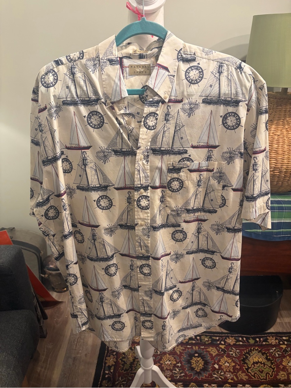 Casual Nautical Print Button-Down Shirt - Cream/Blue